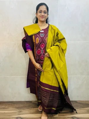 Premium Pochampally handloom silk cotton top (cotton lining) paired with silk cotton dupatta and silk bottom (Free size)