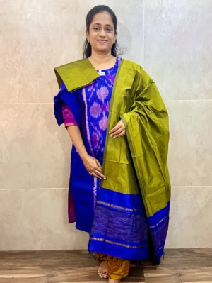 Premium Pochampally handloom silk cotton top (cotton lining) paired with silk cotton dupatta and silk bottom (Free size)