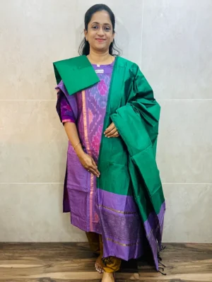 Premium Pochampally handloom silk cotton top (cotton lining) paired with silk cotton dupatta and silk bottom (Free size)