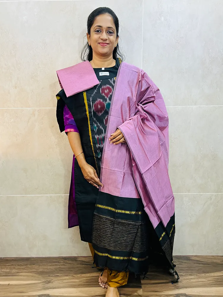 Premium Pochampally handloom silk cotton top (cotton lining) paired with silk cotton dupatta and silk bottom (Free size)