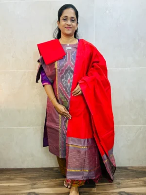 Premium Pochampally handloom silk cotton top (cotton lining) paired with silk cotton dupatta and silk bottom (Free size)