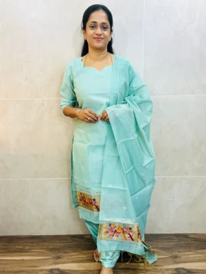 Soft Benaras silk top (cotton lining) with allover paithani weaving paired with Benaras silk dupatta and silk bottom (free size)