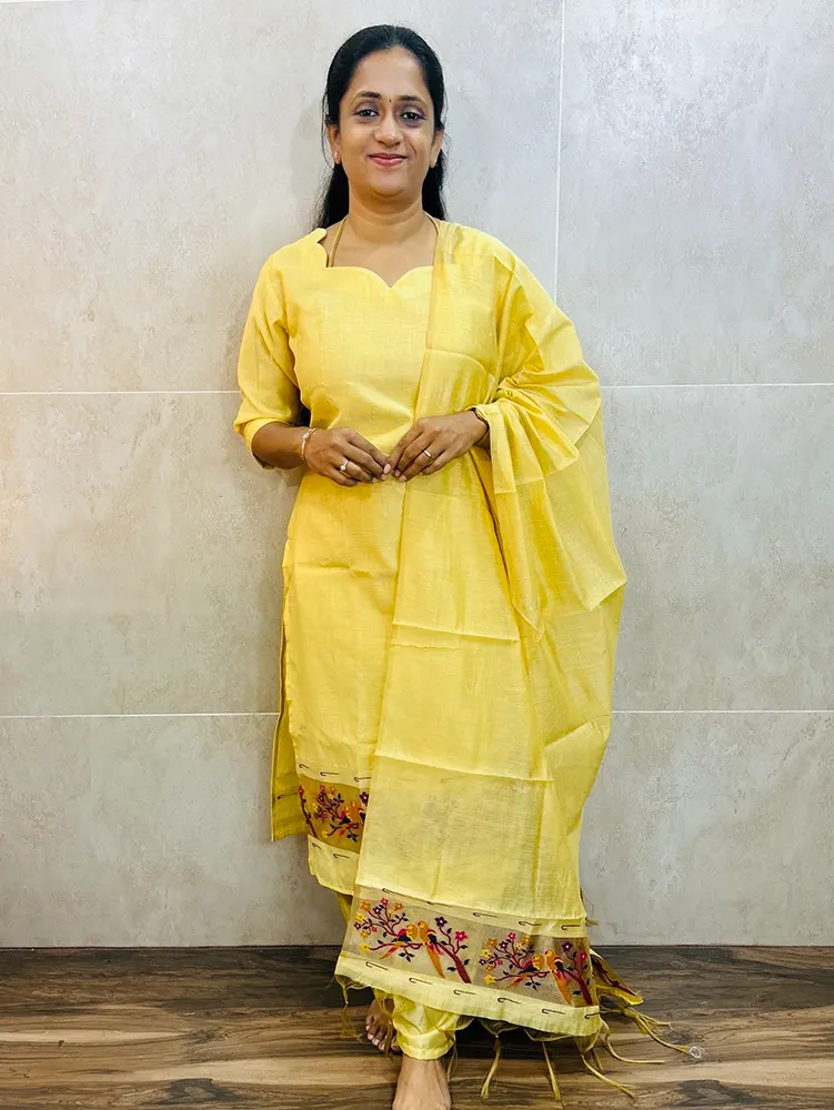 Soft Benaras silk top (cotton lining) with allover paithani weaving paired with Benaras silk dupatta and silk bottom (free size)