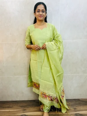 Soft Benaras silk top (cotton lining) with allover paithani weaving paired with Benaras silk dupatta and silk bottom (free size)