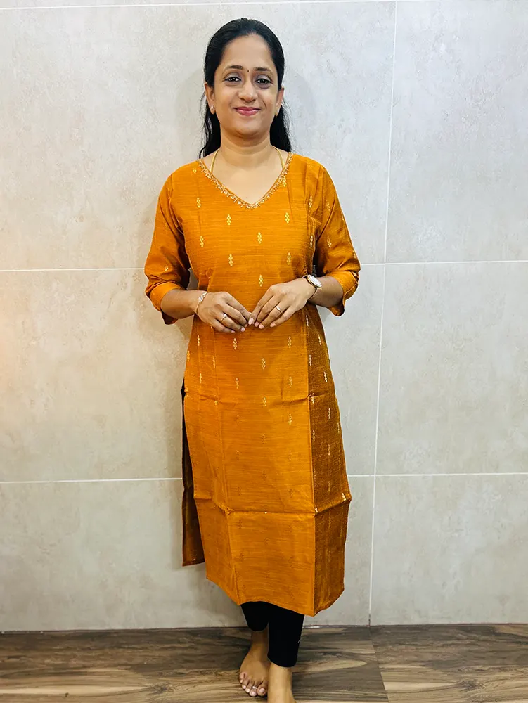 Semi raw silk top (cotton lining) with allover zari woven buttas and hand worked yoke (straight cut)