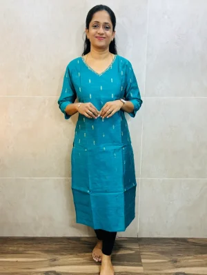 Semi raw silk top (cotton lining) with allover zari woven buttas and hand worked yoke (straight cut)