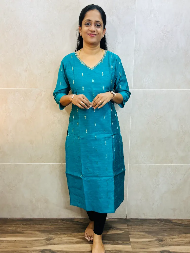 Semi raw silk top (cotton lining) with allover zari woven buttas and hand worked yoke (straight cut)