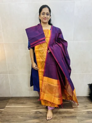 Premium Pochampally handloom silk cotton top paired with silk cotton dupatta and silk bottom (Free size)