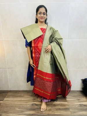 Premium Pochampally handloom silk cotton top paired with silk cotton dupatta and silk bottom (Free size)