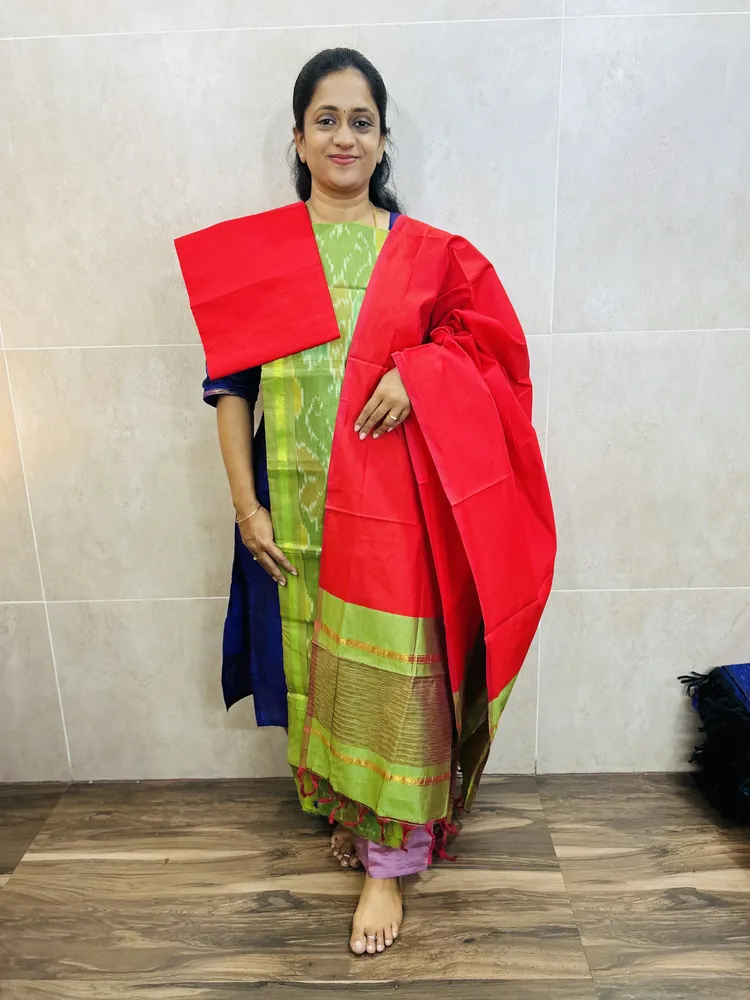 Premium Pochampally handloom silk cotton top paired with silk cotton dupatta and silk bottom (Free size)