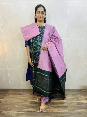 Premium Pochampally handloom silk cotton top paired with silk cotton dupatta and silk bottom (Free size)