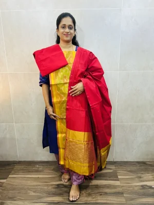 Premium Pochampally handloom silk cotton top paired with silk cotton dupatta and silk bottom (Free size)