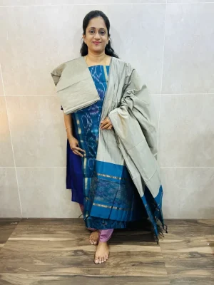 Premium Pochampally handloom silk cotton top paired with silk cotton dupatta and silk bottom (Free size)