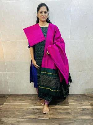 Premium Pochampally handloom silk cotton top paired with silk cotton dupatta and silk bottom (Free size)