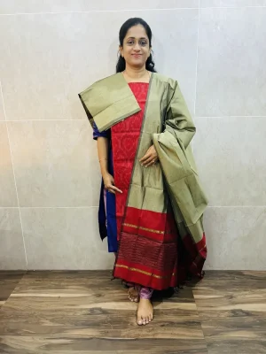 Premium Pochampally handloom silk cotton top paired with silk cotton dupatta and silk bottom (Free size)