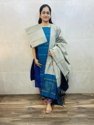 Premium Pochampally handloom silk cotton top paired with silk cotton dupatta and silk bottom (Free size)