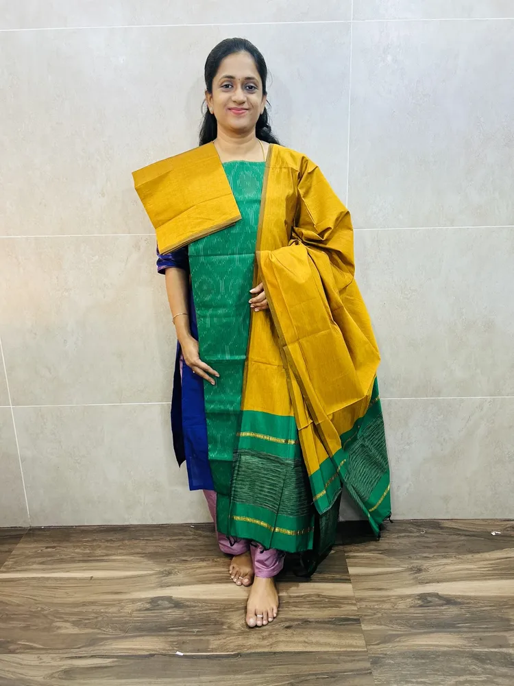 Premium Pochampally handloom silk cotton top paired with silk cotton dupatta and silk bottom (Free size)