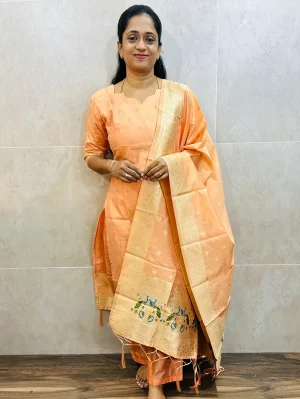 Soft Benarasi silk top (cotton lining) with all over zari woven buttas paired with zari woven soft benaras silk dupatta and silk bottom (free size)