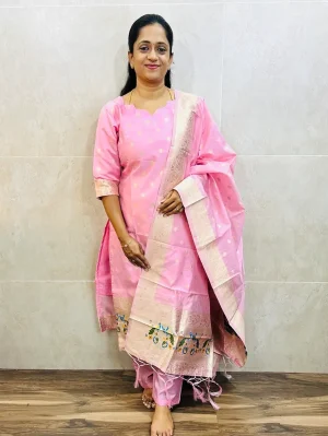 Soft Benarasi silk top (cotton lining) with all over zari woven buttas paired with zari woven soft benaras silk dupatta and silk bottom (free size)