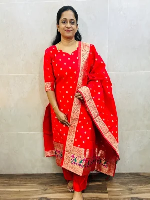 Soft Benarasi silk top (cotton lining) with all over zari woven buttas paired with zari woven soft benaras silk dupatta and silk bottom (free size)