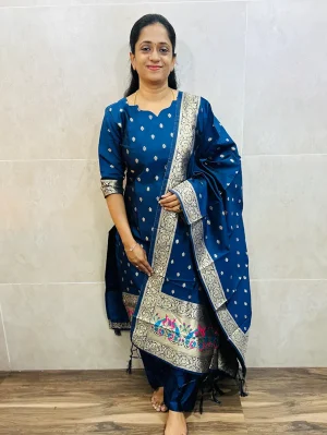 Soft Benarasi silk top (cotton lining) with all over zari woven buttas paired with zari woven soft benaras silk dupatta and silk bottom (free size)