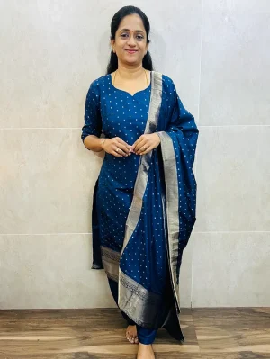 Soft silk top (cotton lining) with allover zari weaving paired with soft silk dupatta and silk bottom (free size)