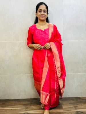 Soft silk top (cotton lining) with allover zari weaving paired with soft silk dupatta and silk bottom (free size)