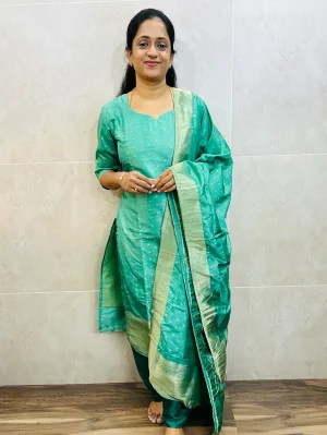 Soft silk top (cotton lining) with allover zari weaving paired with soft silk dupatta and silk bottom (free size)