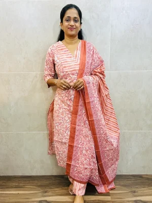 Printed jaipur cotton top(cotton lining) paired with cotton dupatta and cotton bottom(straight cut)