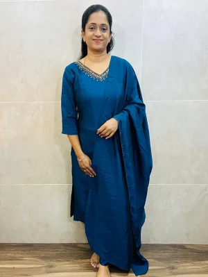 Soft silk top (crepe lining) with handworked yoke paired with handworked soft silk dupatta and silk bottom (straigh cut)