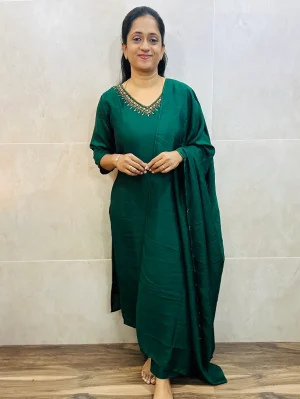 Soft silk top (crepe lining) with handworked yoke paired with handworked soft silk dupatta and silk bottom (straigh cut)