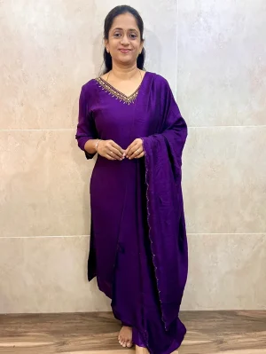 Soft silk top (crepe lining) with handworked yoke paired with handworked soft silk dupatta and silk bottom (straigh cut)