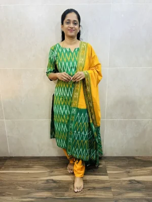Pure handloom Ikkat cotton top (cotton lining) paired with Ikkat cotton dupatta and cotton bottom (free size)