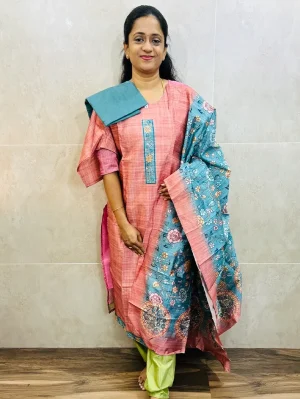 Soft semi Tussar top (cotton lining) paired with semi Tussar dupatta and silk bottom (free size)