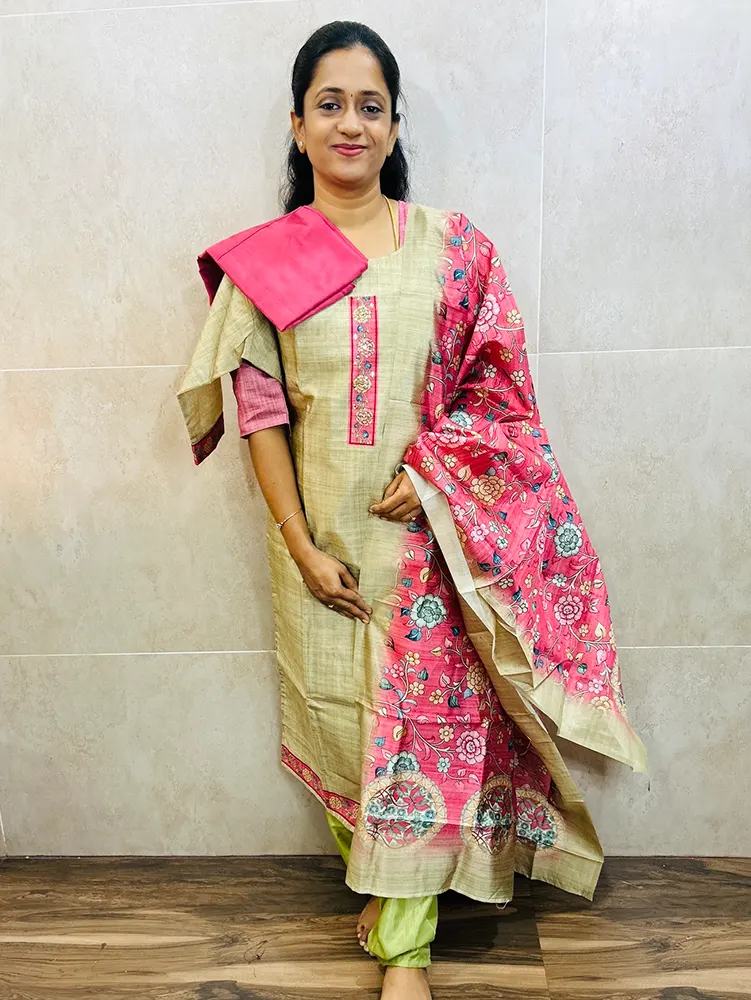 Soft semi Tussar top (cotton lining) paired with semi Tussar dupatta and silk bottom (free size)