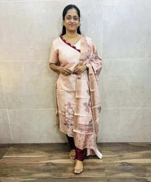 Semi Tussar top (cotton lining) paired with semi Tussar dupatta and silk bottom (free size)