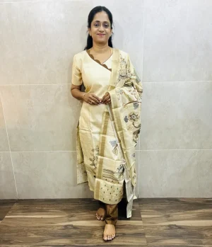 Semi Tussar top (cotton lining) paired with semi Tussar dupatta and silk bottom (free size)