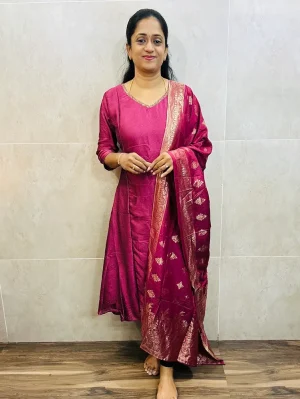 Soft silk top (crepe lining) with embroidered yoke paired with zari weaved soft silk dupatta