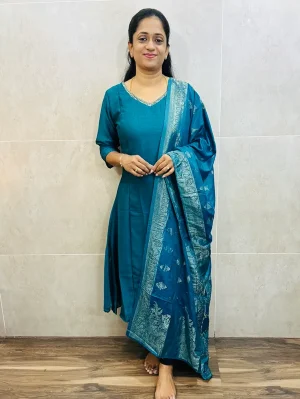 Soft silk top (crepe lining) with embroidered yoke paired with zari weaved soft silk dupatta