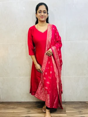 Soft silk top (crepe lining) with embroidered yoke paired with zari weaved soft silk dupatta