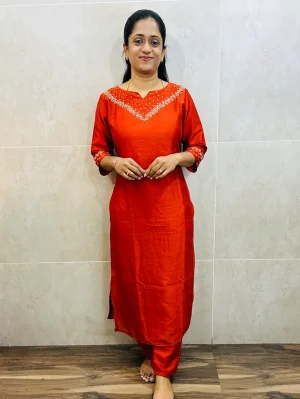 Soft silk top (crepe lining) with embroidered work on yoke and sleeves paired with soft silk bottom (crepe lining-straight cut)