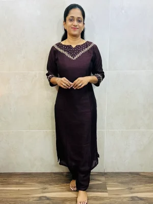 Soft silk top (crepe lining) with embroidered work on yoke and sleeves paired with soft silk bottom (crepe lining-straight cut)