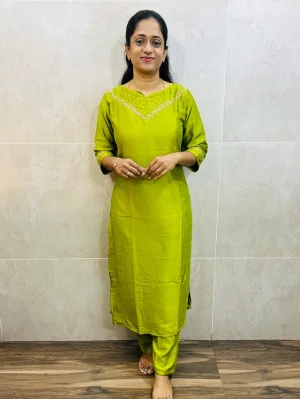 Soft silk top (crepe lining) with embroidered work on yoke and sleeves paired with soft silk bottom (crepe lining-straight cut)