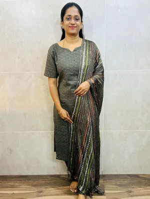 Acoba cotton top (cotton lining) paired with mirror worked Georgette dupatta and silk bottom (free size)