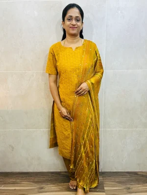 Acoba cotton top (cotton lining) paired with mirror worked Georgette dupatta and silk bottom (free size)