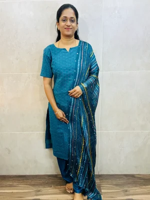 Acoba cotton top (cotton lining) paired with mirror worked Georgette dupatta and silk bottom (free size)