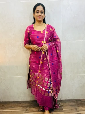 Premium silk cotton jamdani top (cotton lining) paired with silk cotton Jamdani dupatta and semi raw silk bottom (free size)