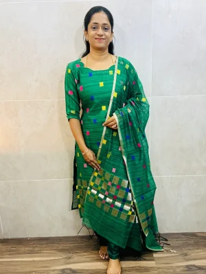 Premium silk cotton jamdani top (cotton lining) paired with silk cotton Jamdani dupatta and semi raw silk bottom (free size)