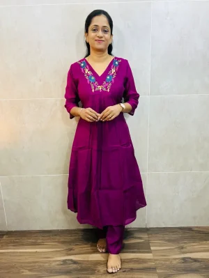 Soft chanderi silk top(crepe lining)with embroidered yoke paired with soft chanderi silk bottom(semi palazzo)