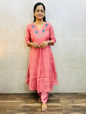 Soft chanderi silk top(crepe lining)with embroidered yoke paired with soft chanderi silk bottom(semi palazzo)